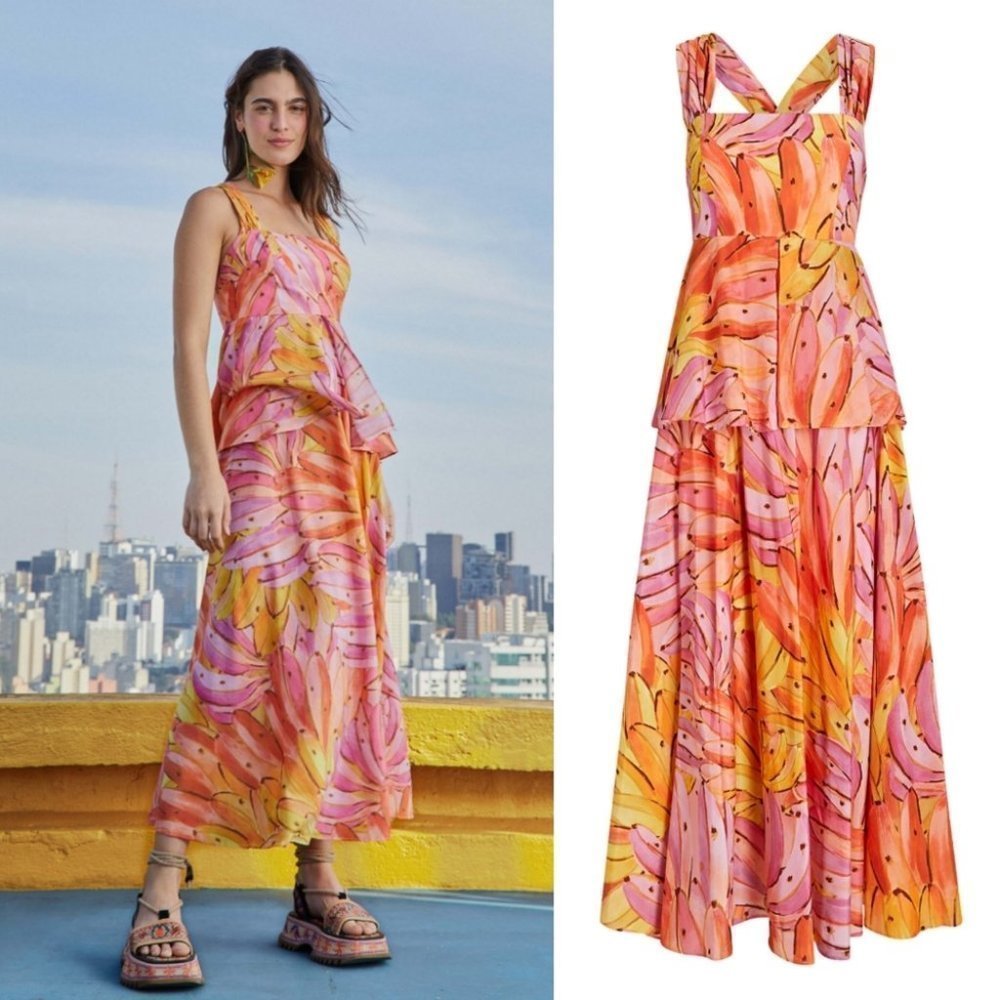 NWT! FARM RIO Pink Ombre Bananas Cross Back Maxi Dress Size Smalll - Picture 1 of 9